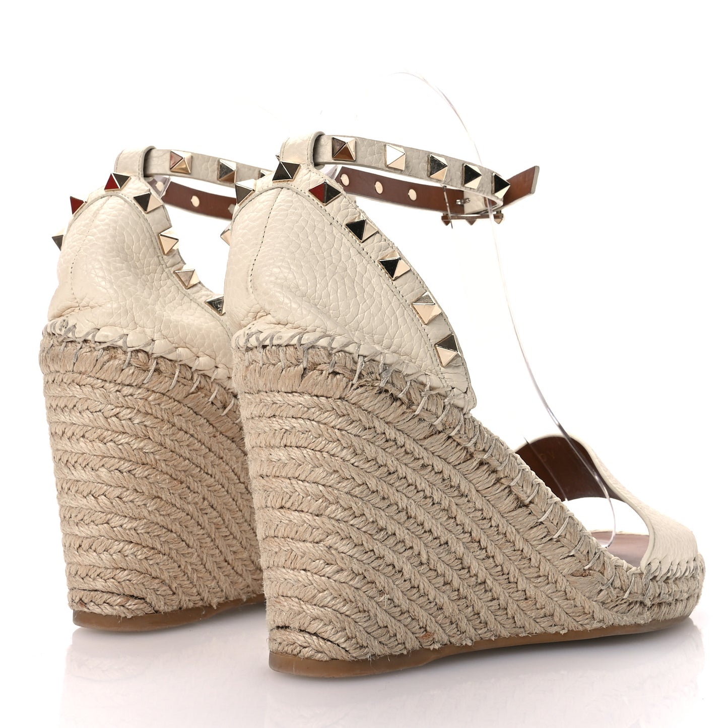 Grained Calfskin Rockstud Crisscross Ankle Strap Espadrille Wedge Sandals 39 Light Ivory