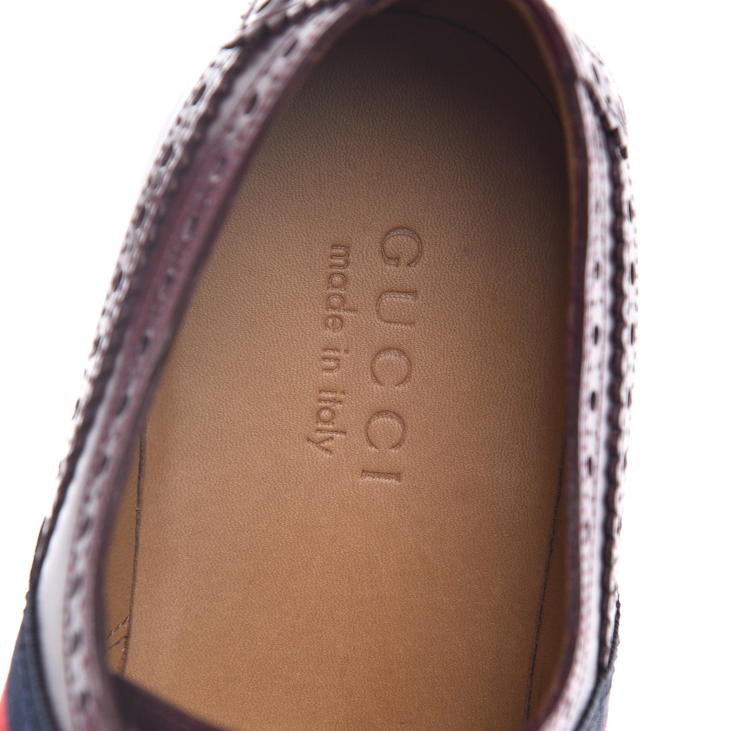 Gucci Calfskin Web Bee Embroidered Mens Slip-On Brogue Wingtip Derby Shoes 10 Bordeaux 7 of 12