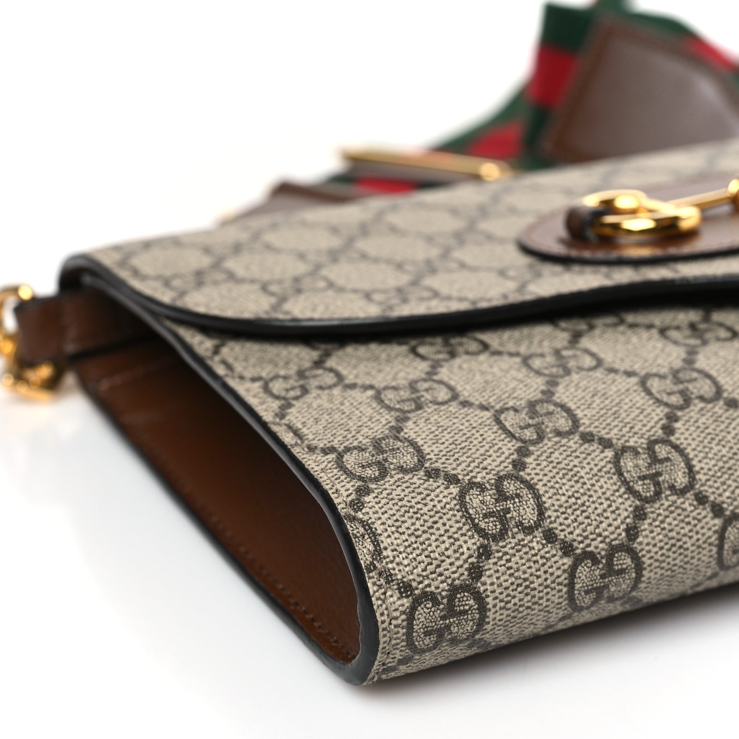 GG Supreme Monogram Azalea Calfskin Web Small Horsebit 1955 Crossbody Bag Beige Ebony Brown Sugar