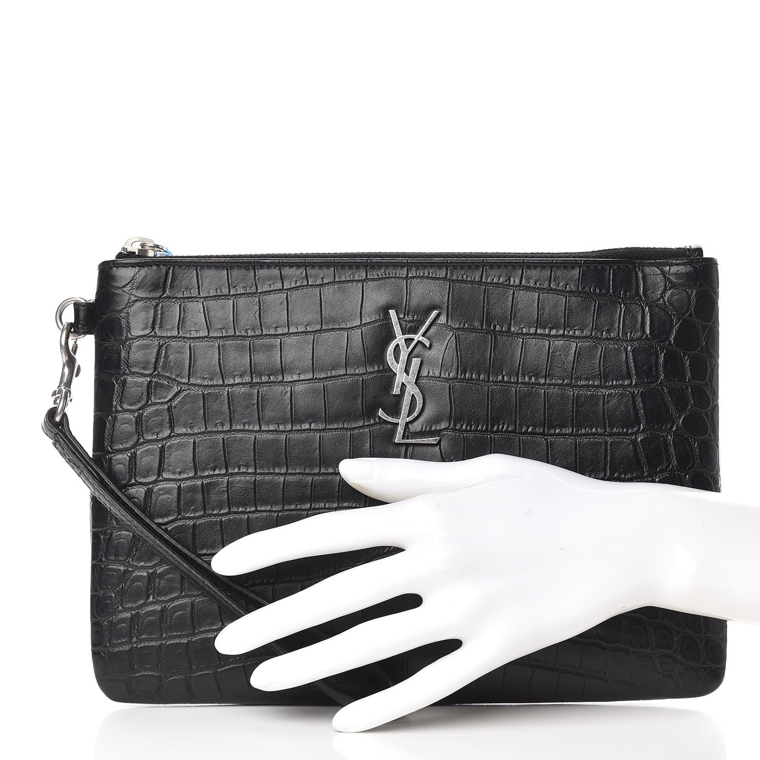 Saint Laurent Calfskin Crocodile Embossed Monogram Zip Pouch Black 2 of 8