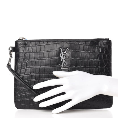 Saint Laurent Calfskin Crocodile Embossed Monogram Zip Pouch Black 2 of 8
