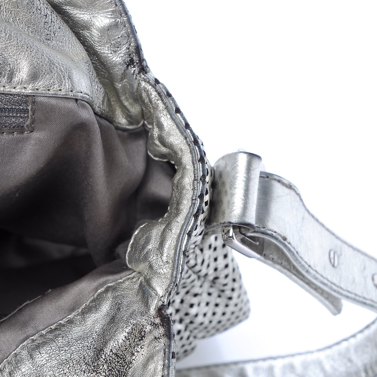Metallic Glazed Calfskin Perforated Medium Rodeo Drive Tote Silver