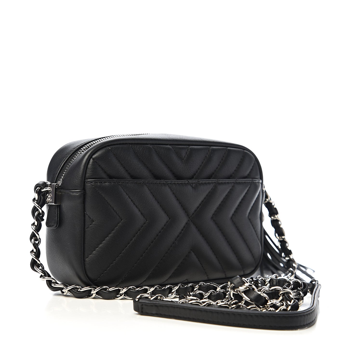 Calfskin Diagonal Chevron Quilted Tassel Camera Case Black