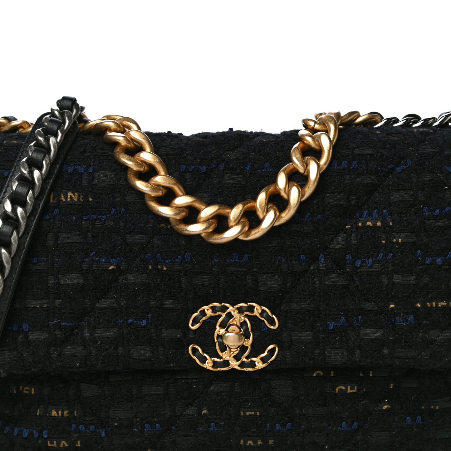 Tweed Quilted Large Chanel 19 Flap Black Navy Gold