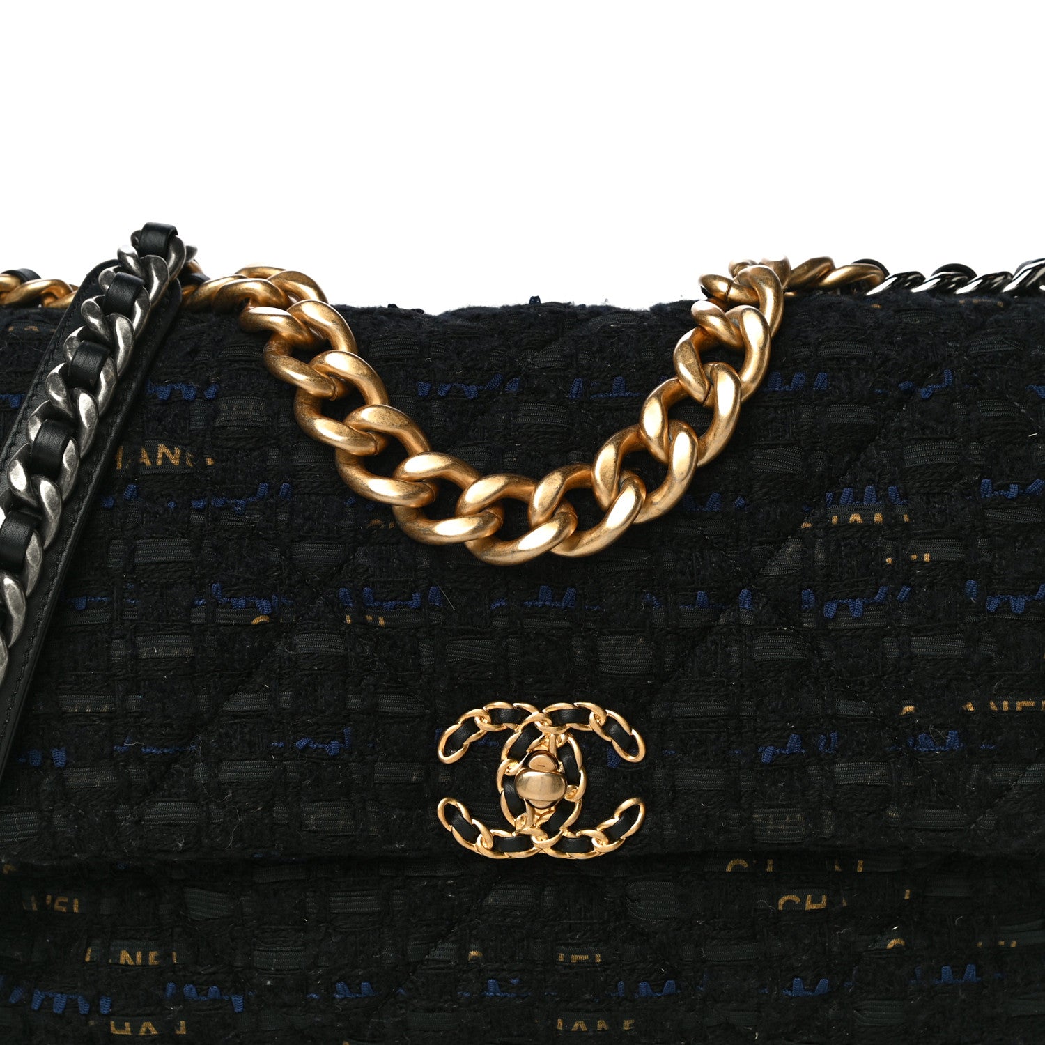 Chanel Tweed Quilted Large Chanel 19 Flap Black Navy Gold 8 of 13