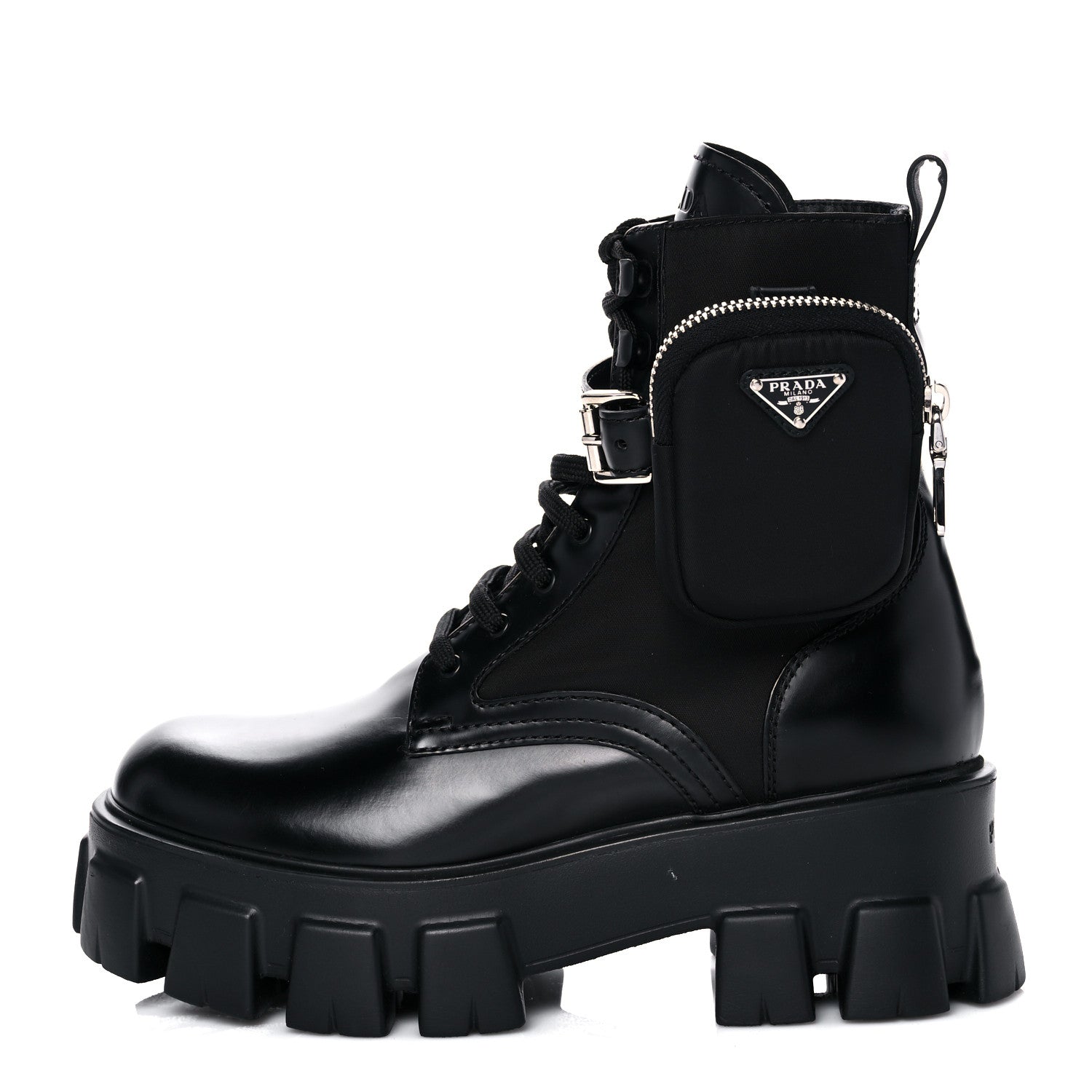 Prada Spazzolato Rois Re-Nylon Metal Triangle Logo Monolith Pouch Pocket 55mm Boots 38 Black 1 of 15