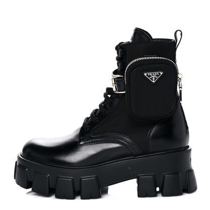 Prada Spazzolato Rois Re-Nylon Metal Triangle Logo Monolith Pouch Pocket 55mm Boots 38 Black 1 of 15