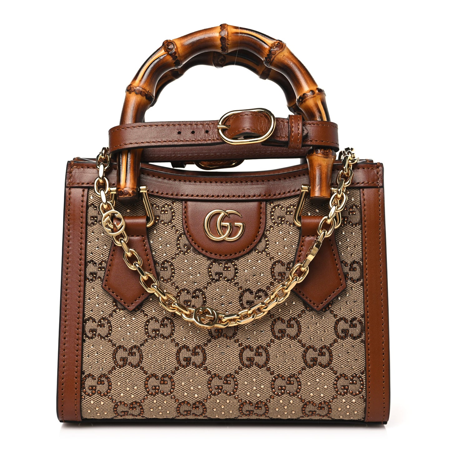 New Canvas Charisma Calfskin Crystal GG Monogram Mini Diana Tote Bag Camel Ebony