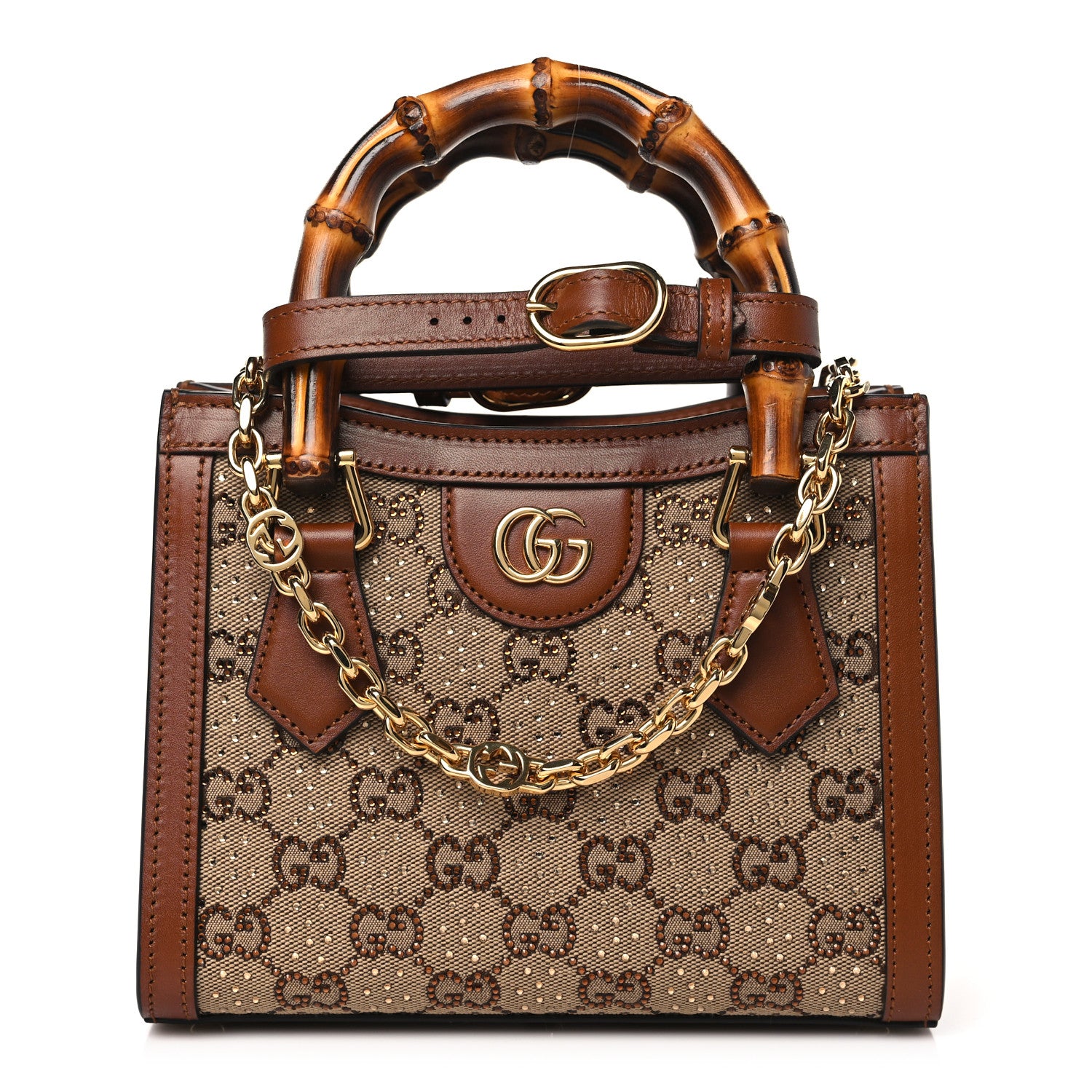 Gucci New Canvas Charisma Calfskin Crystal GG Monogram Mini Diana Tote Bag Camel Ebony 1 of 10