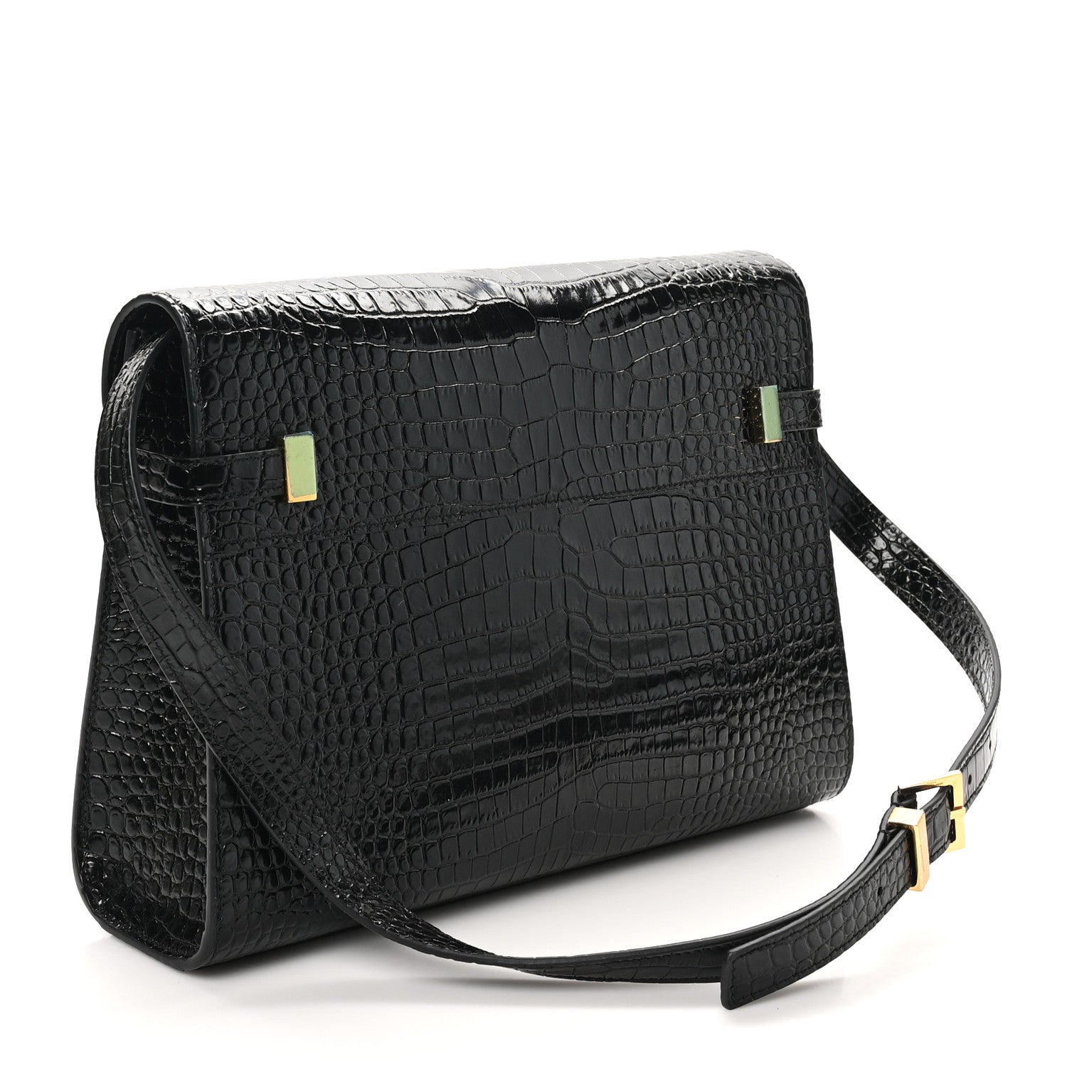 Saint Laurent Shiny Calfskin Crocodile Embossed Manhattan Baguette Black 3 of 10