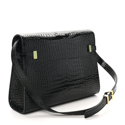 Saint Laurent Shiny Calfskin Crocodile Embossed Manhattan Baguette Black 3 of 10