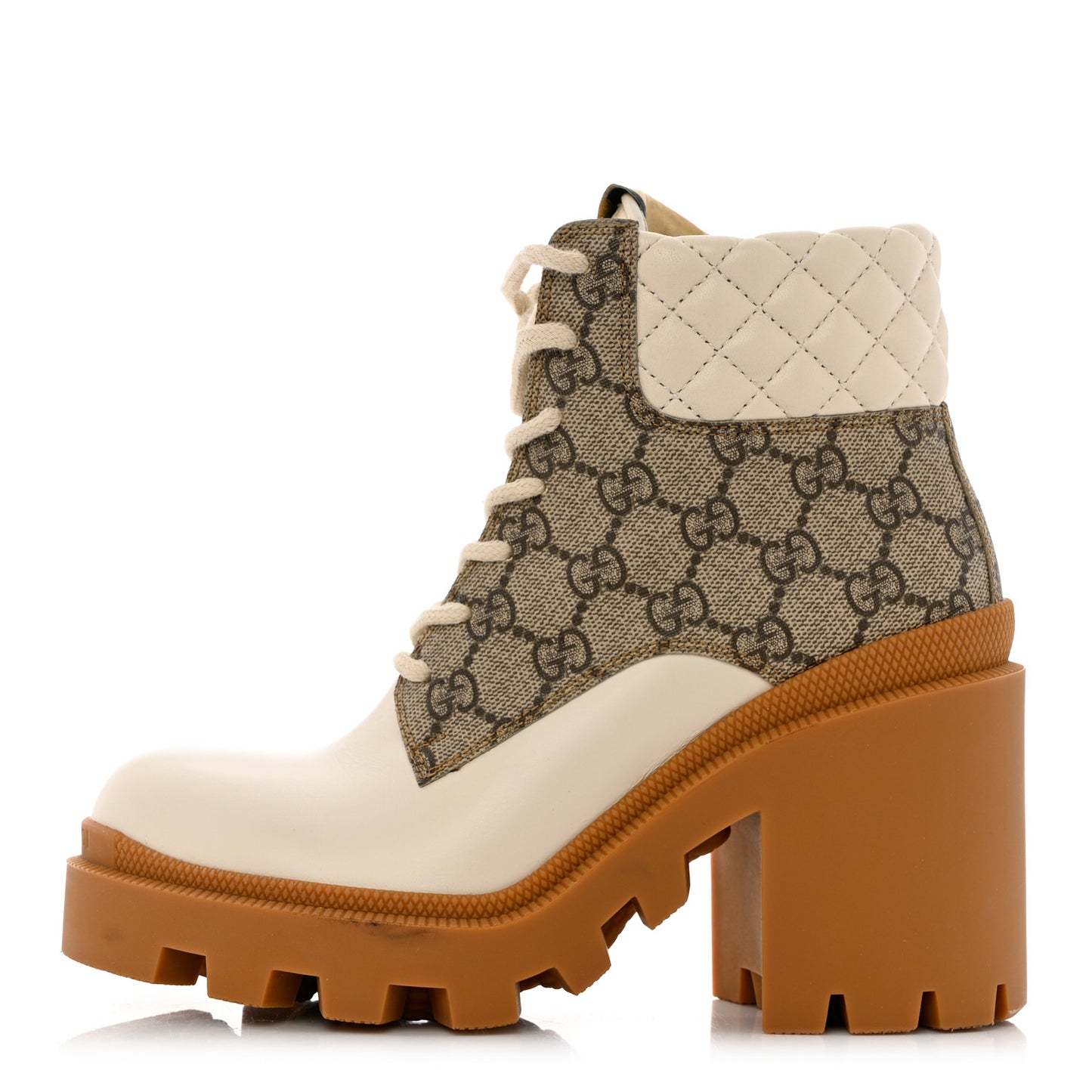 Calfskin GG Supreme Monogram Nappa Quilted Lace Up Ankle Boots 36.5 Mystic White Beige