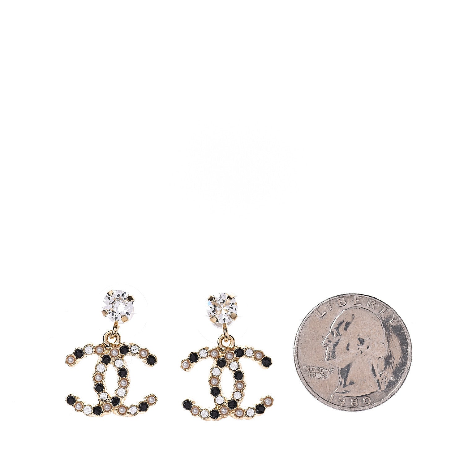 Chanel Resin Crystal Pearl CC Drop Earrings Gold Black 2 of 3