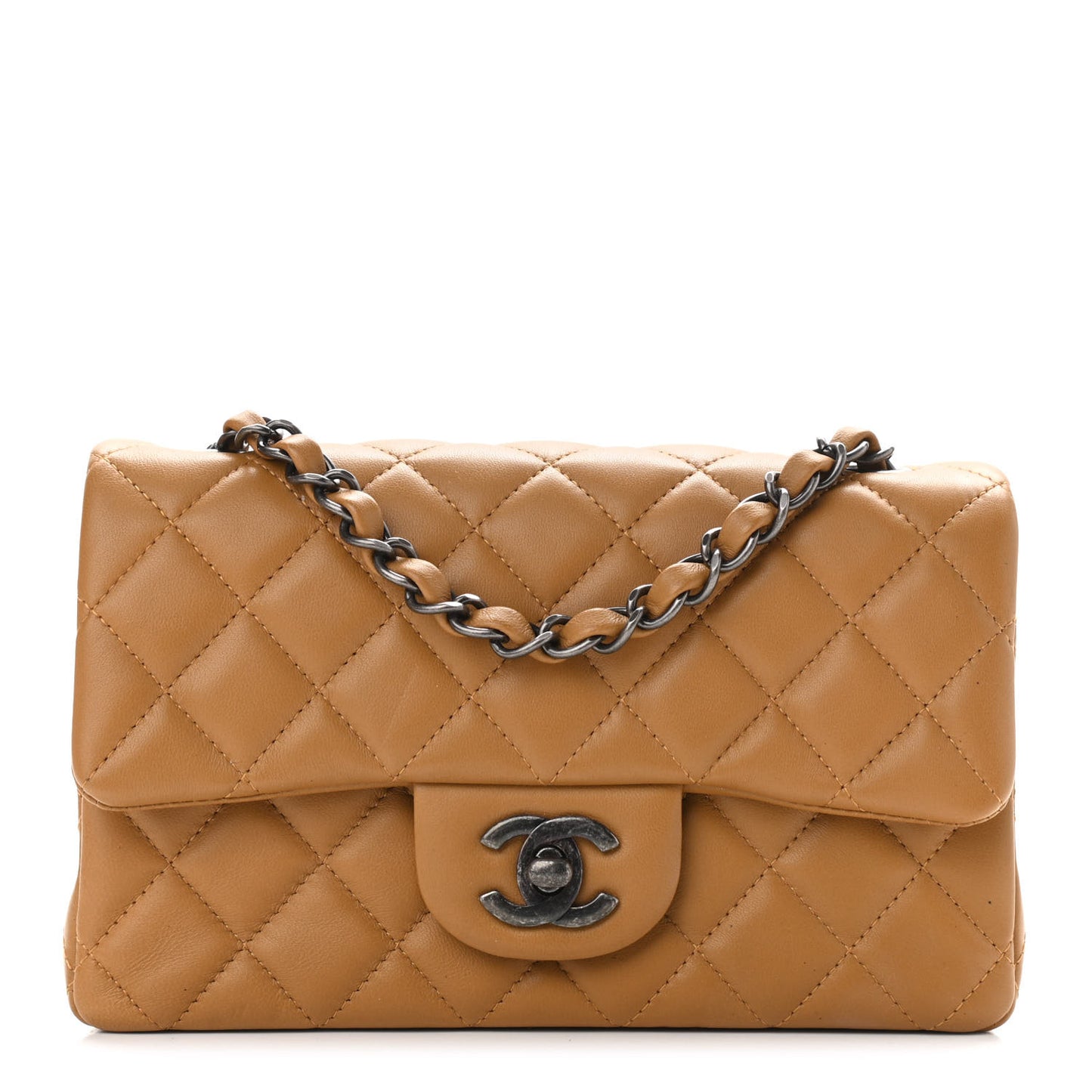 Lambskin Quilted Mini Rectangular Flap Camel