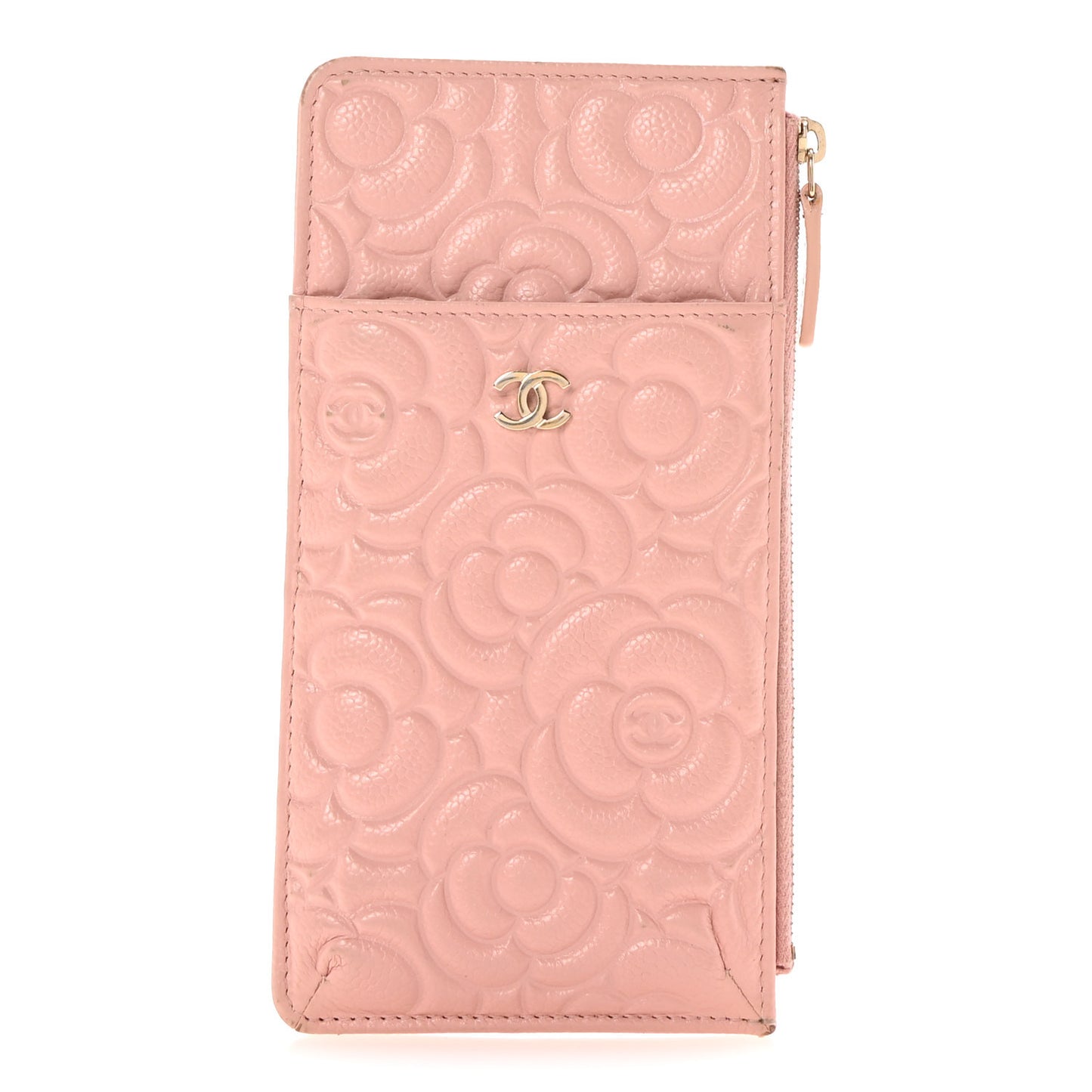 Caviar Camellia Embossed Classic Flat Wallet Pouch Pink