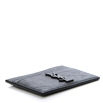 Saint Laurent Calfskin Crocodile Embossed Monogram Credit Card Case Black 4 of 6