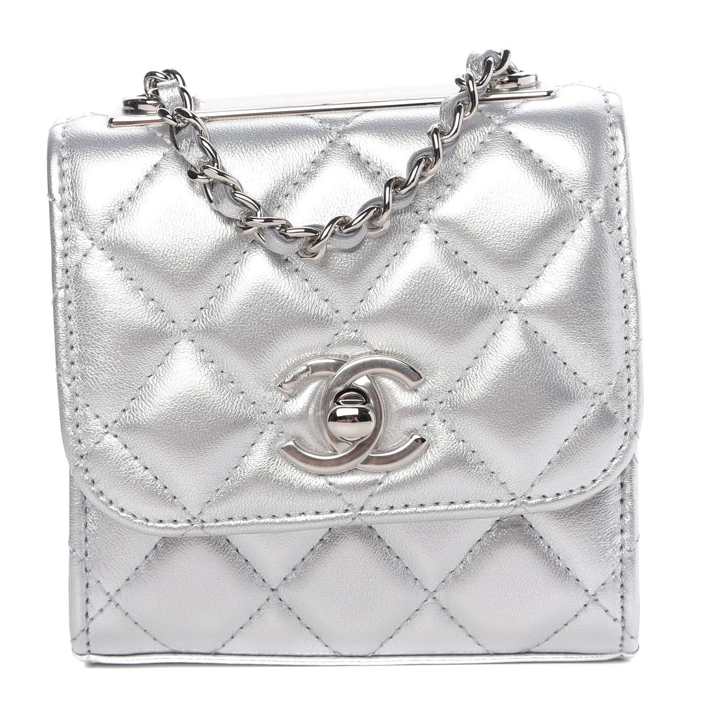 Metallic Lambskin Quilted Mini Trendy CC Clutch With Chain Silver