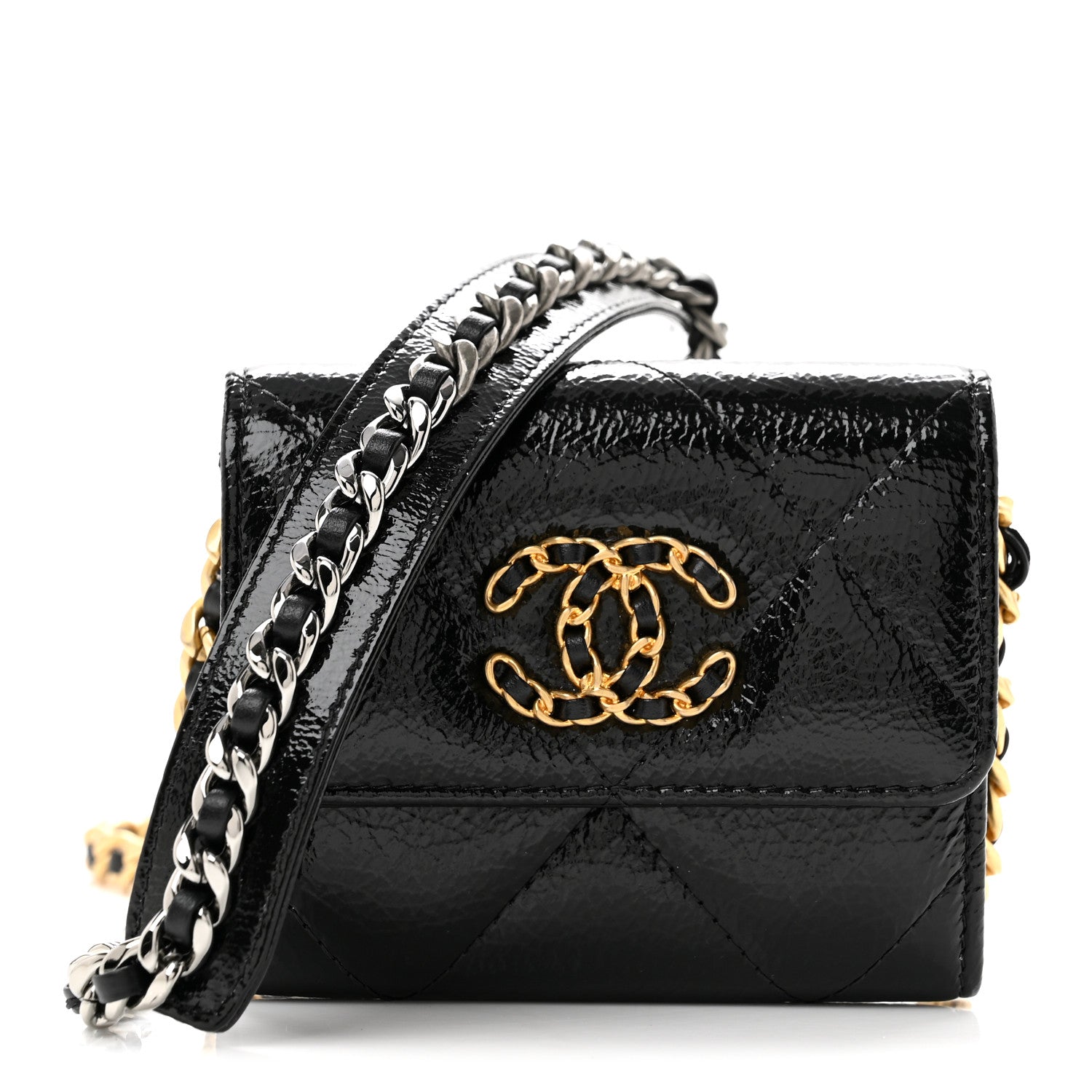 Chanel Shiny Crumpled Calfskin Quilted Chanel 19 Flap Coin Purse With Chain Black 1 of 10