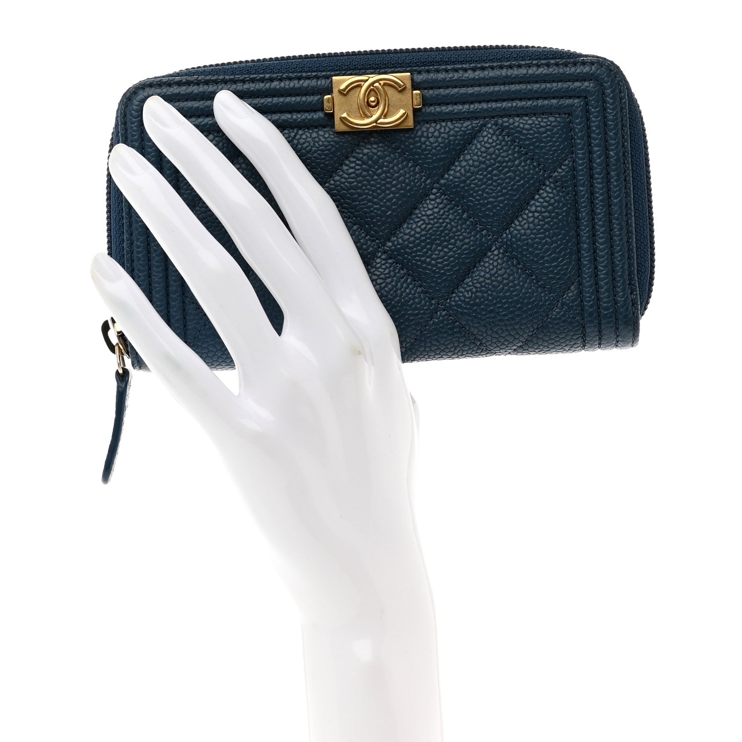Chanel Caviar Quilted Boy Small Zip Around Wallet Blue 2 of 9