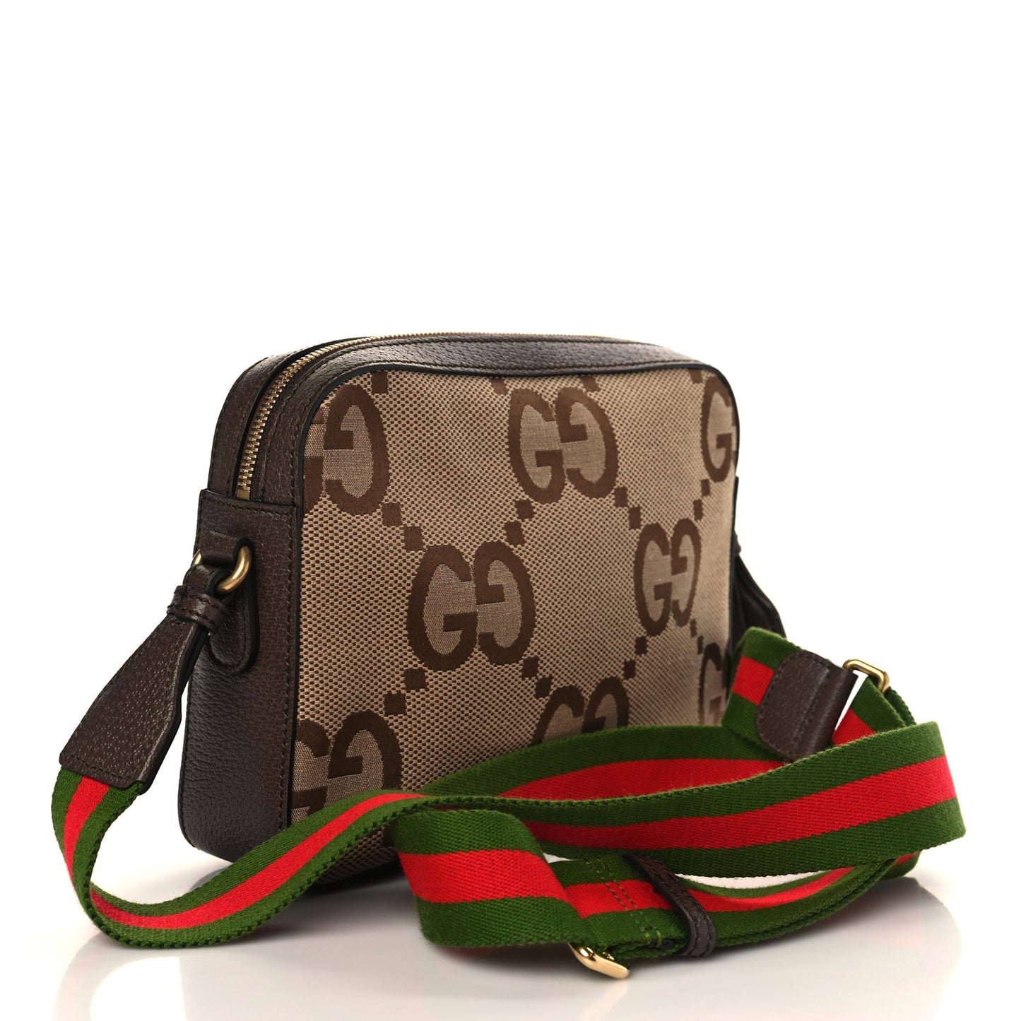 Monogram Jumbo GG Textured Dollar Calfskin Web Messenger Shoulder Bag Camel Ebony New Acero