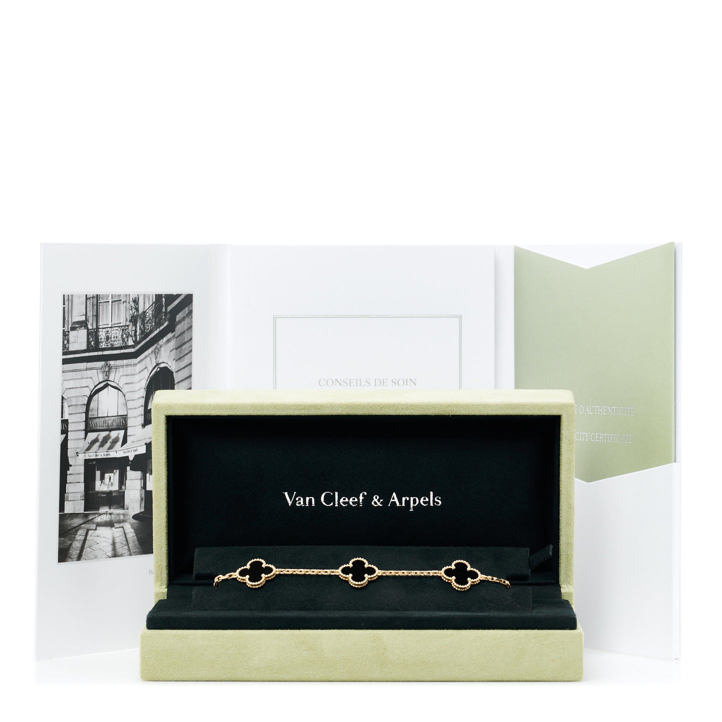 18K Yellow Gold Black Onyx 5 Motifs Vintage Alhambra Bracelet