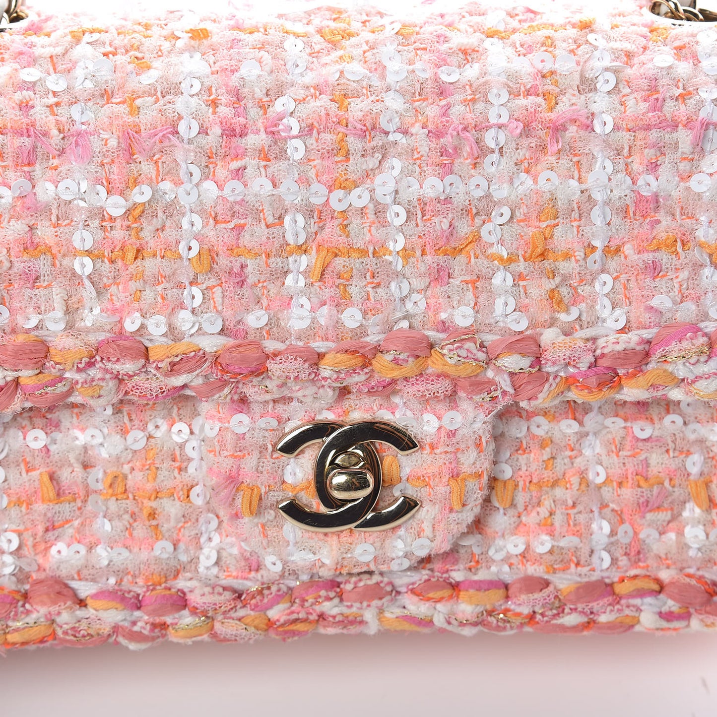 Tweed Braid Sequin Mini Flap White Pink Orange