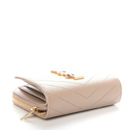 Saint Laurent Grain De Poudre Matelasse Chevron Monogram Compact Zip Around Wallet Dark Latte 4 of 10