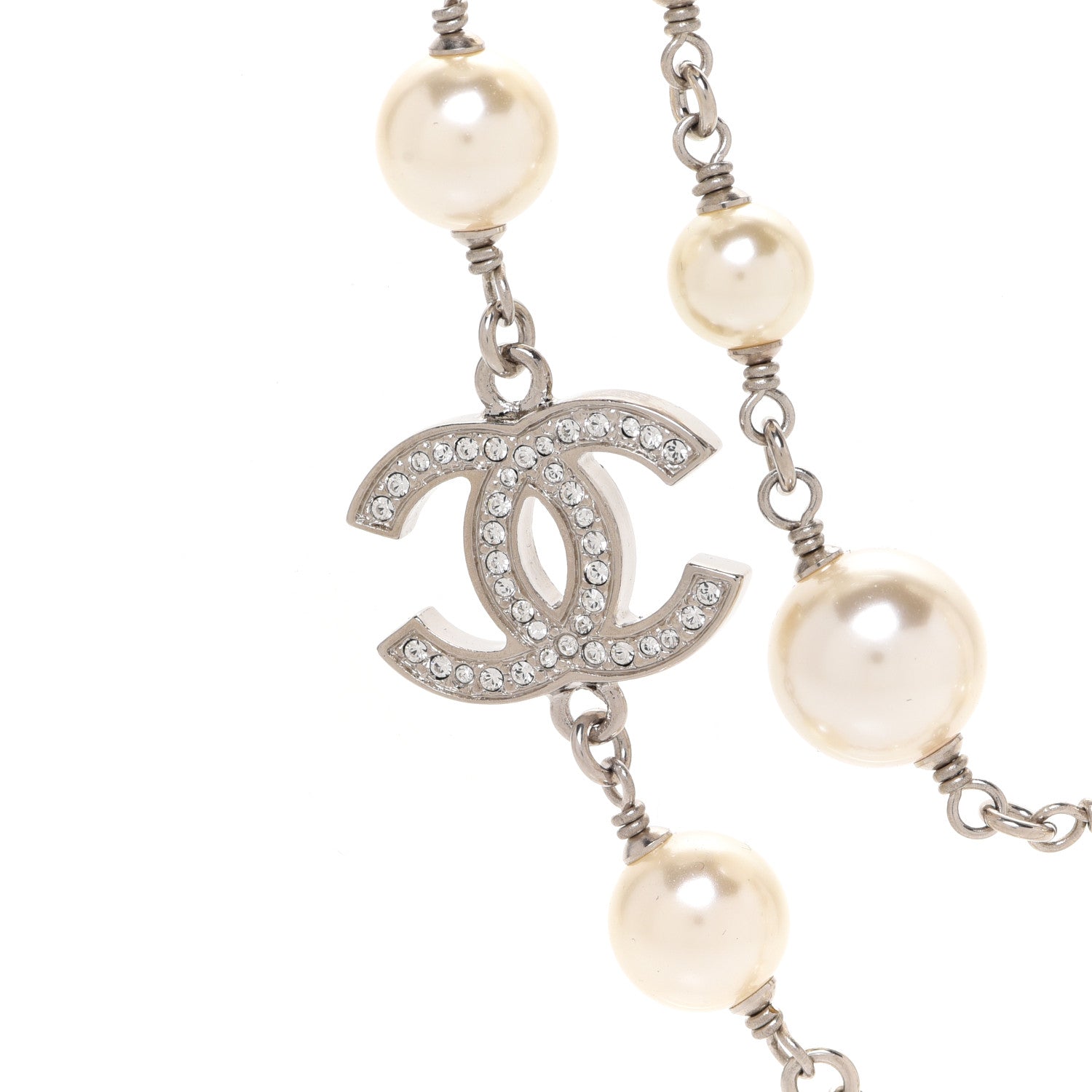 Chanel Graduated Pearl Crystal CC Long Necklace Silver 4 of 6