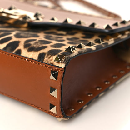 Valentino Garavani Calfskin Canvas Leopard Print Medium Rockstud Flip Lock Crossbody Bag Tan 8 of 9
