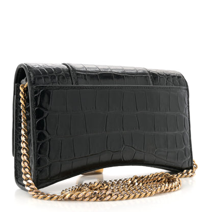 Balenciaga Shiny Calfskin Crocodile Embossed Hourglass Chain Bag Black 3 of 12