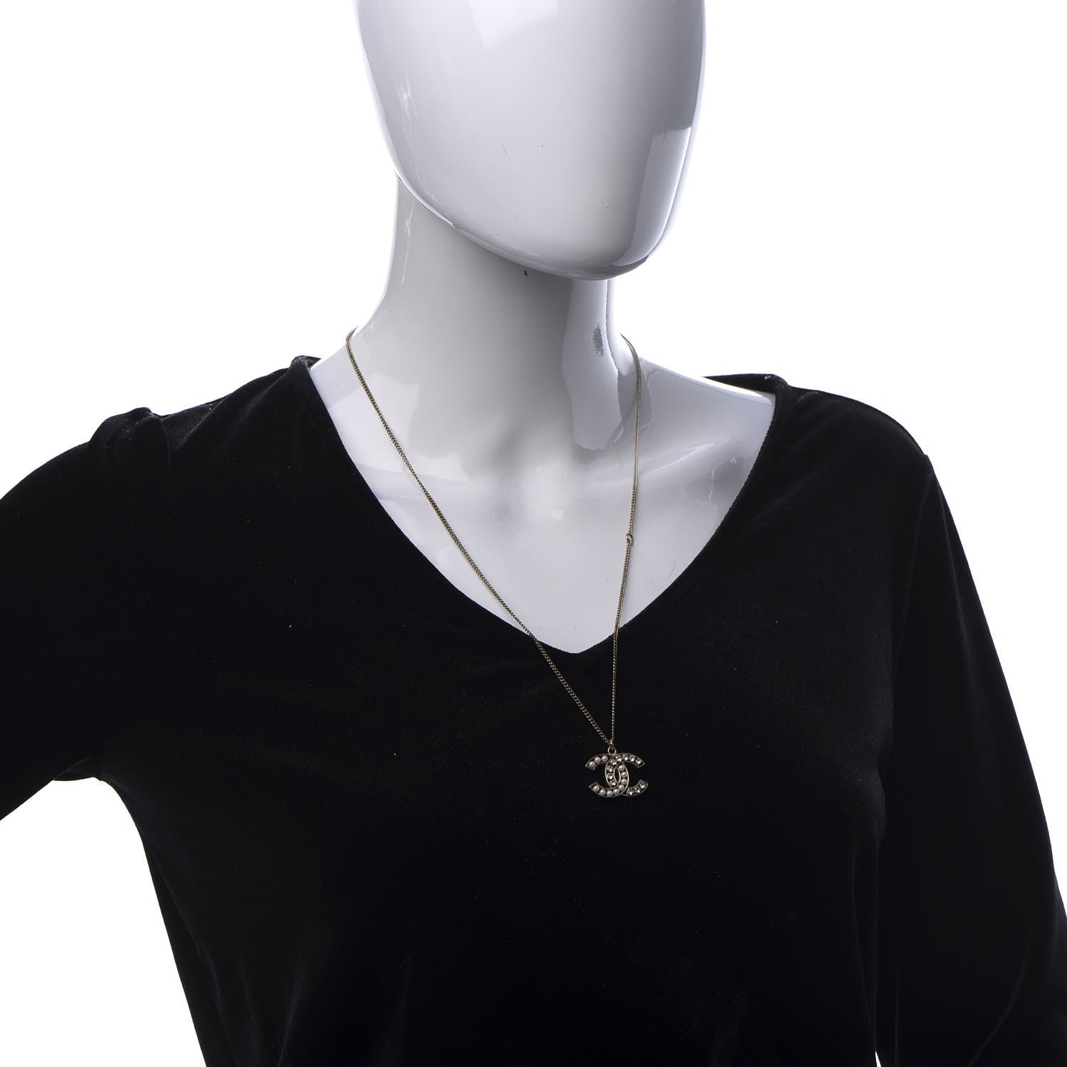 Chanel Pearl Crystal CC Pendant Necklace Gold 2 of 6