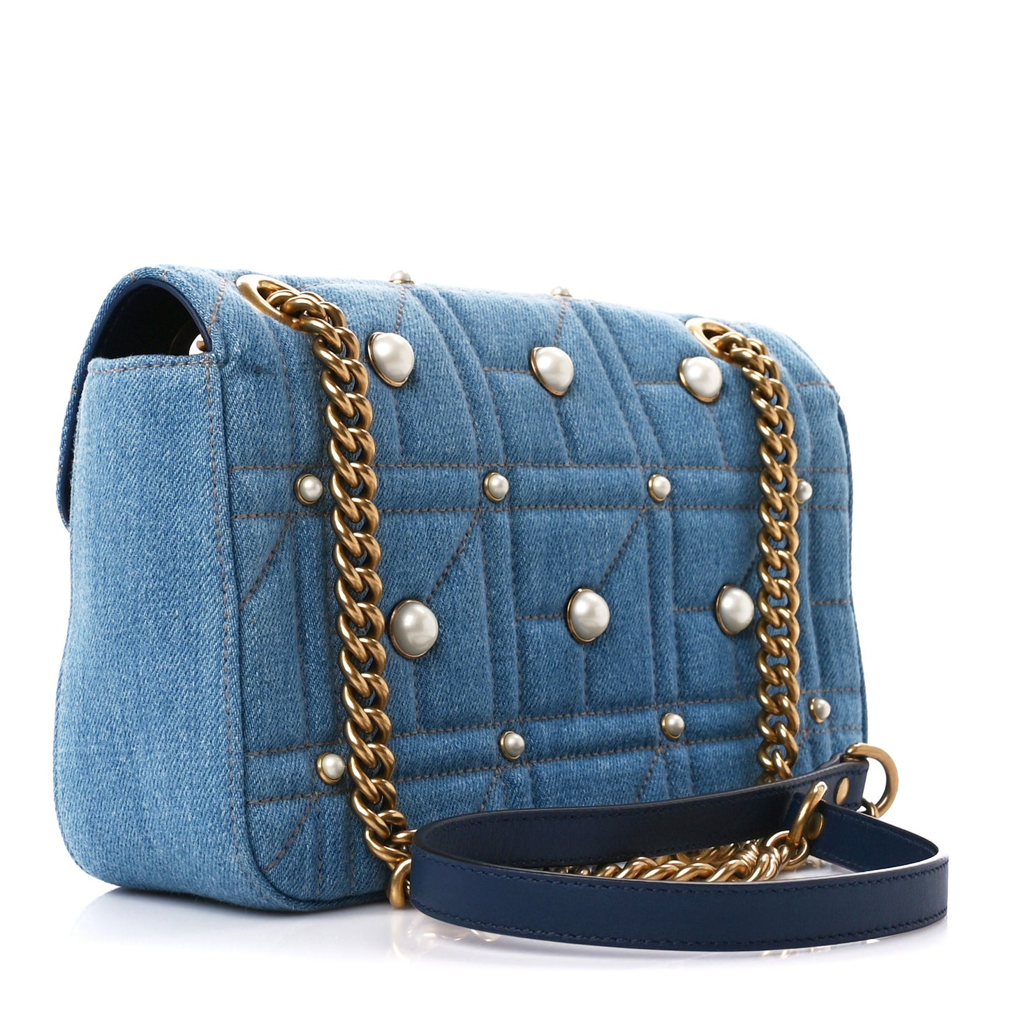 Denim Matelasse Studded Small Pearly GG Marmont Shoulder Blue