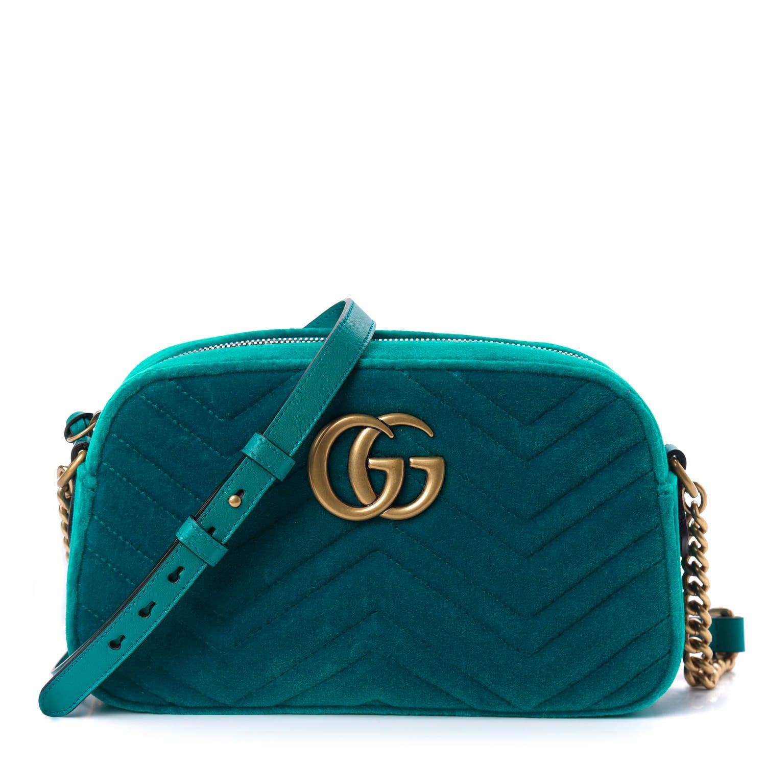 Gucci Velvet Matelasse Small GG Marmont Chain Shoulder Bag Pavone Cyan 1 of 10