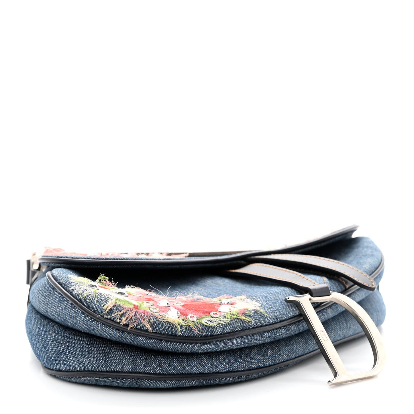 Denim Crystal Floral Embroidered Saddle Bag Multicolor
