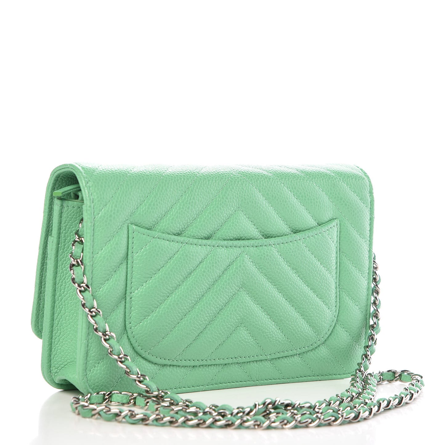 Caviar Chevron Quilted Wallet On Chain WOC Green