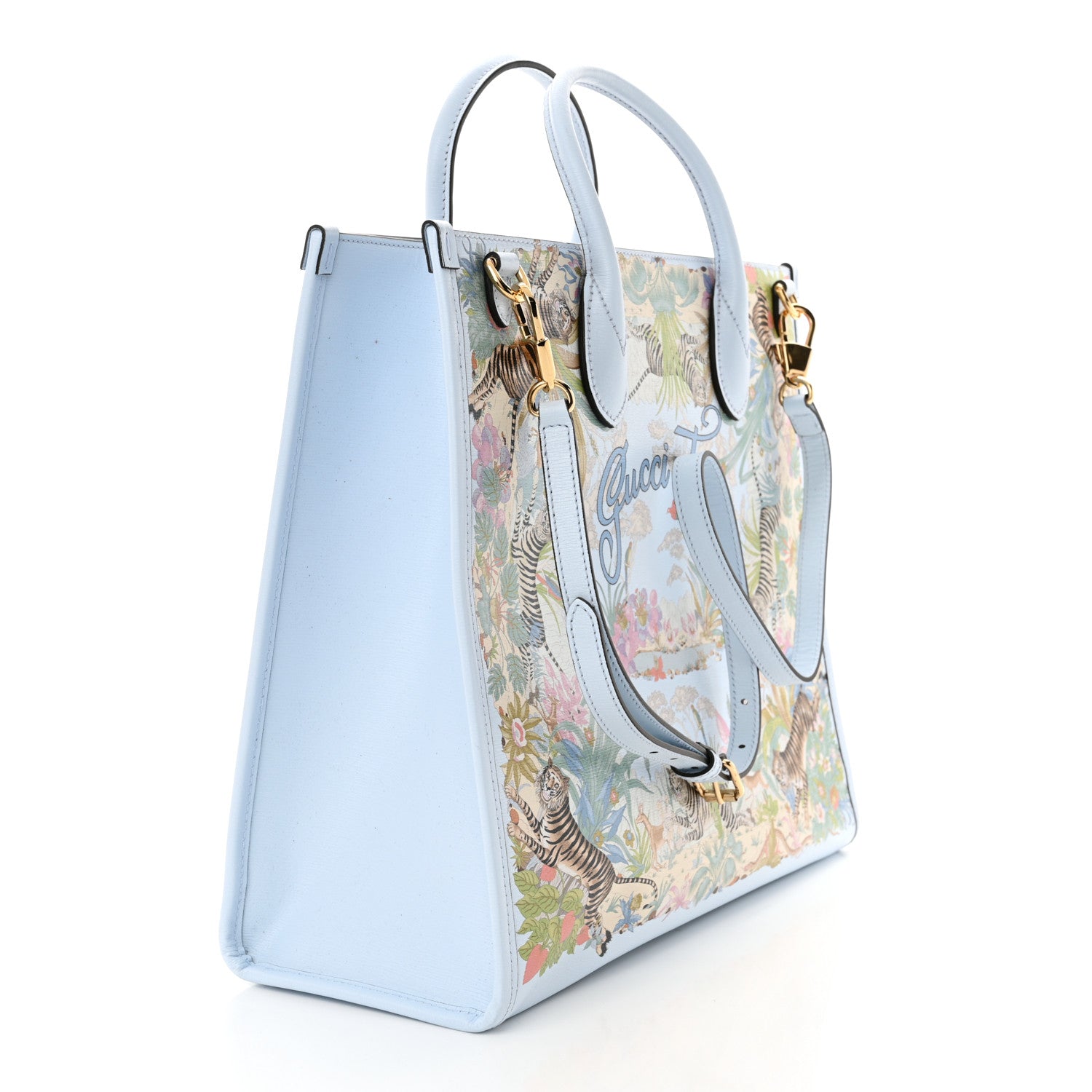 Gucci New Shangai Calfskin Tiger Savanah Textured Calfskin Medium Tote Light Blue Multicolor 3 of 14