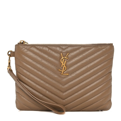 Saint Laurent Calfskin Matelasse Chevron Monogram Zip A4 Pouch Cork 1 of 12