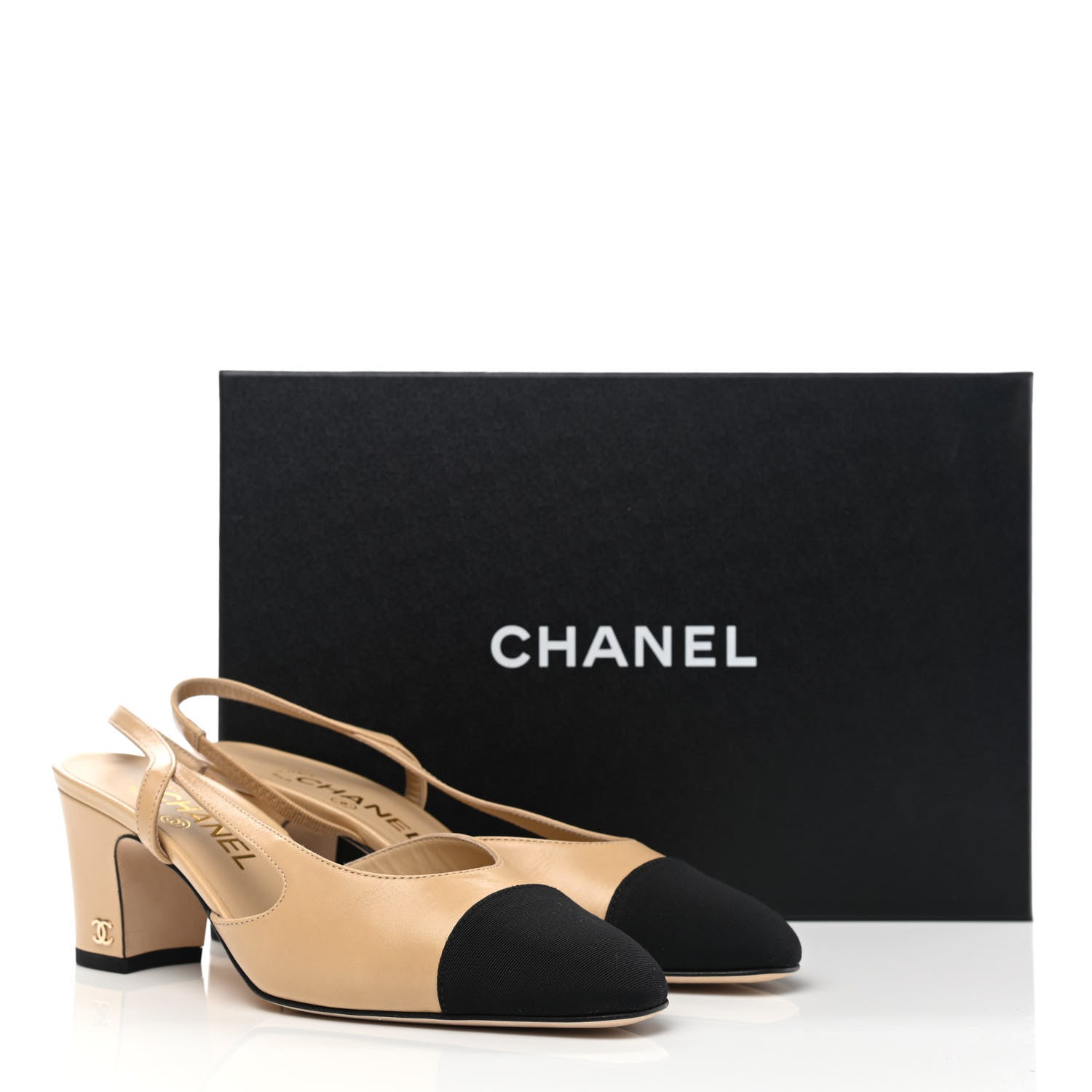Chanel Goatskin Grosgrain Cap Toe CC Slingback Pumps 37 Beige Black 18 of 18