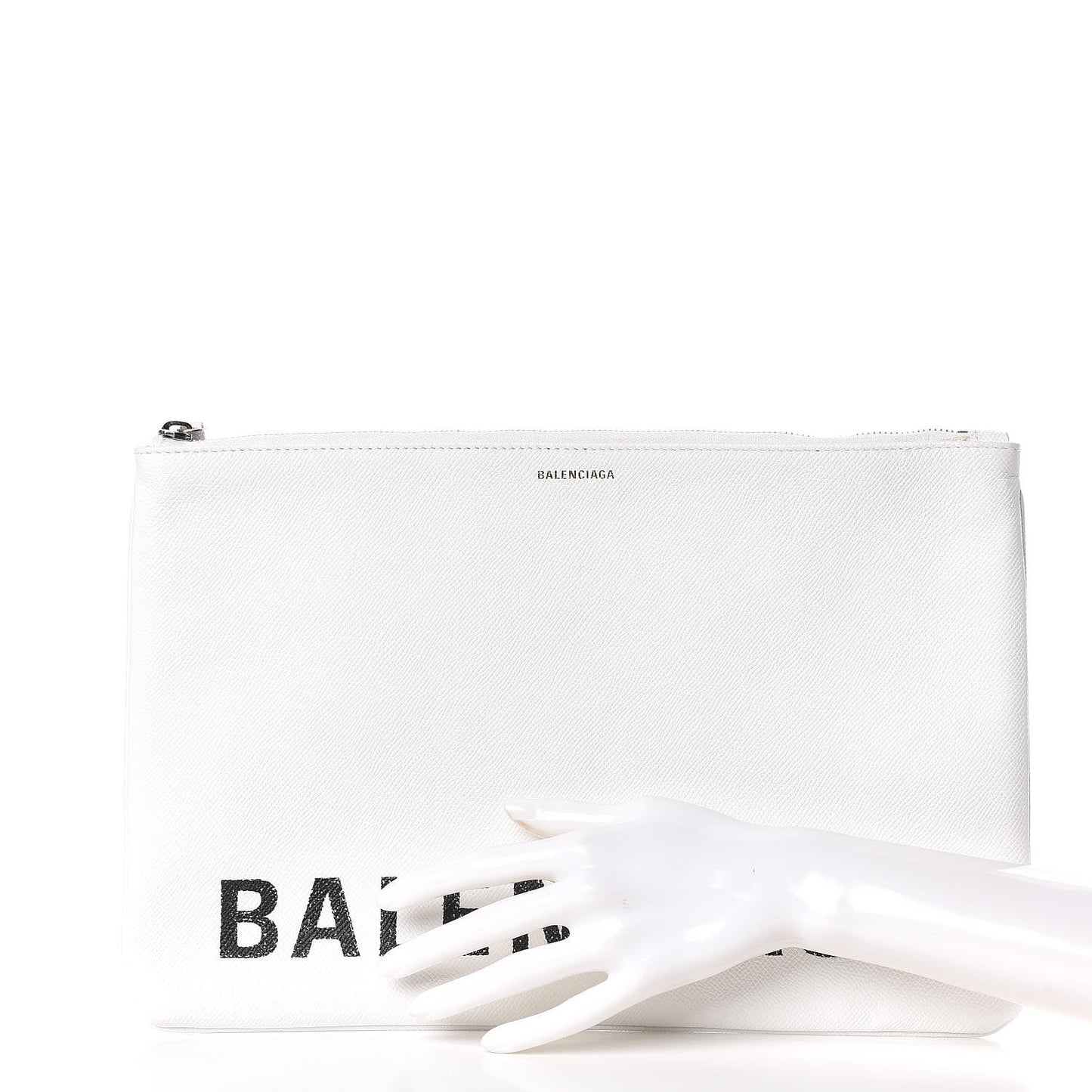 Signature Grained Calfskin Large Ville Zip Pouch White