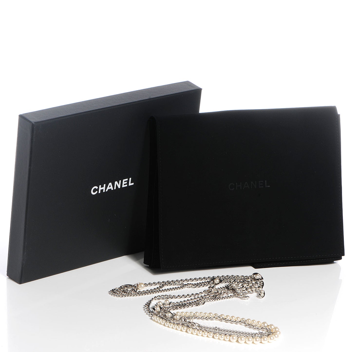 Pearl CC Long Chain Necklace Silver
