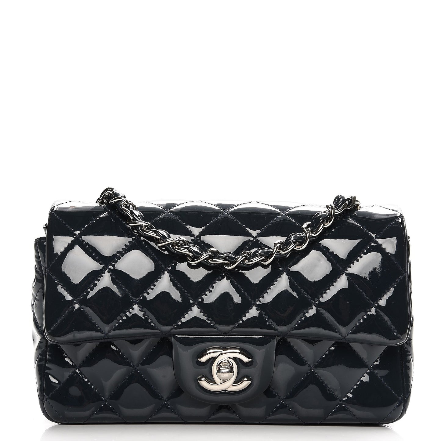 Patent Calfskin Quilted Mini Rectangular Flap Navy Blue