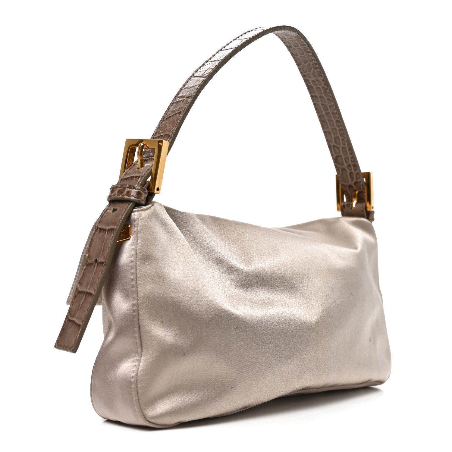 Fendi Satin Calfskin Crystal Crocodile Embossed Baguette Grey 3 of 10