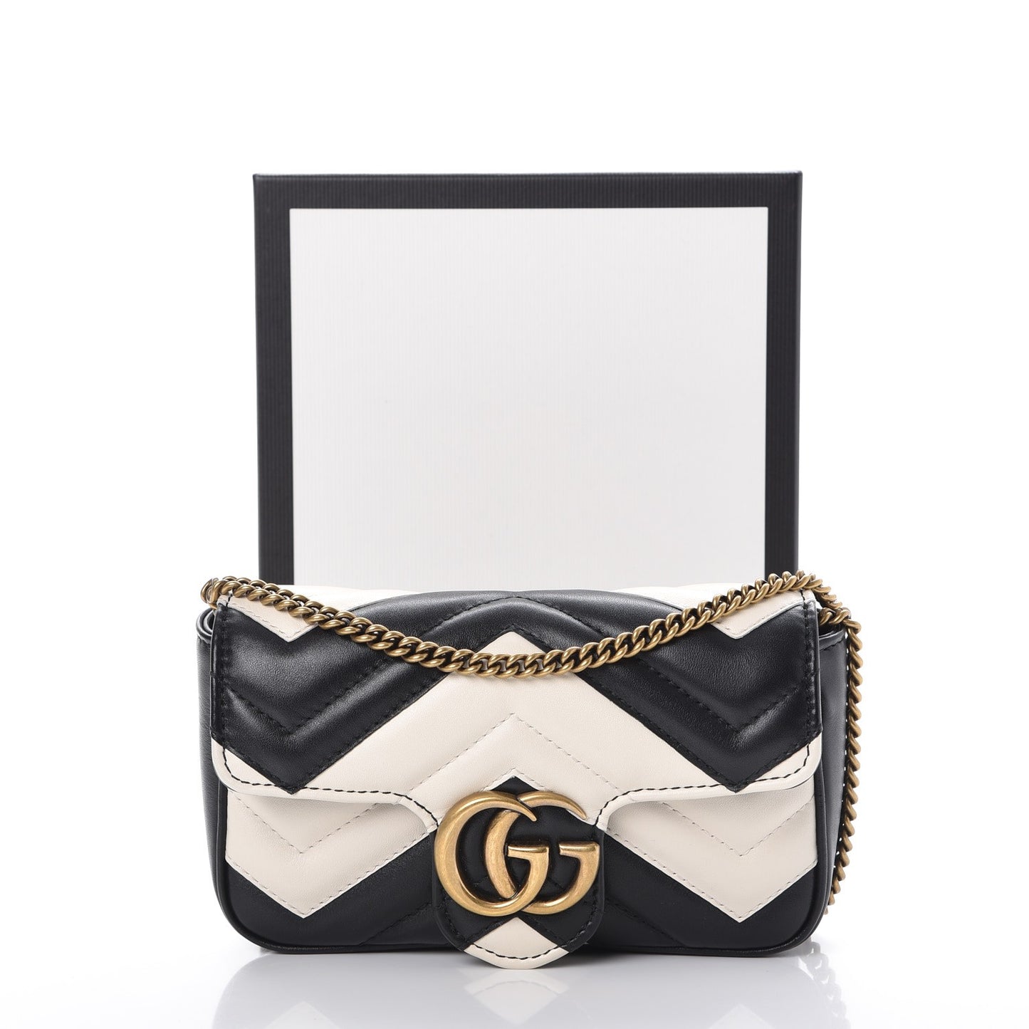 Calfskin Matelasse Super Mini GG Marmont Shoulder Bag Black White