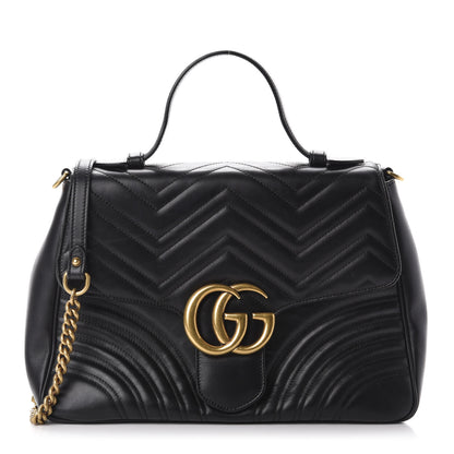 Gucci Calfskin Matelasse Medium GG Marmont Top Handle Shoulder Bag Black 1 of 14