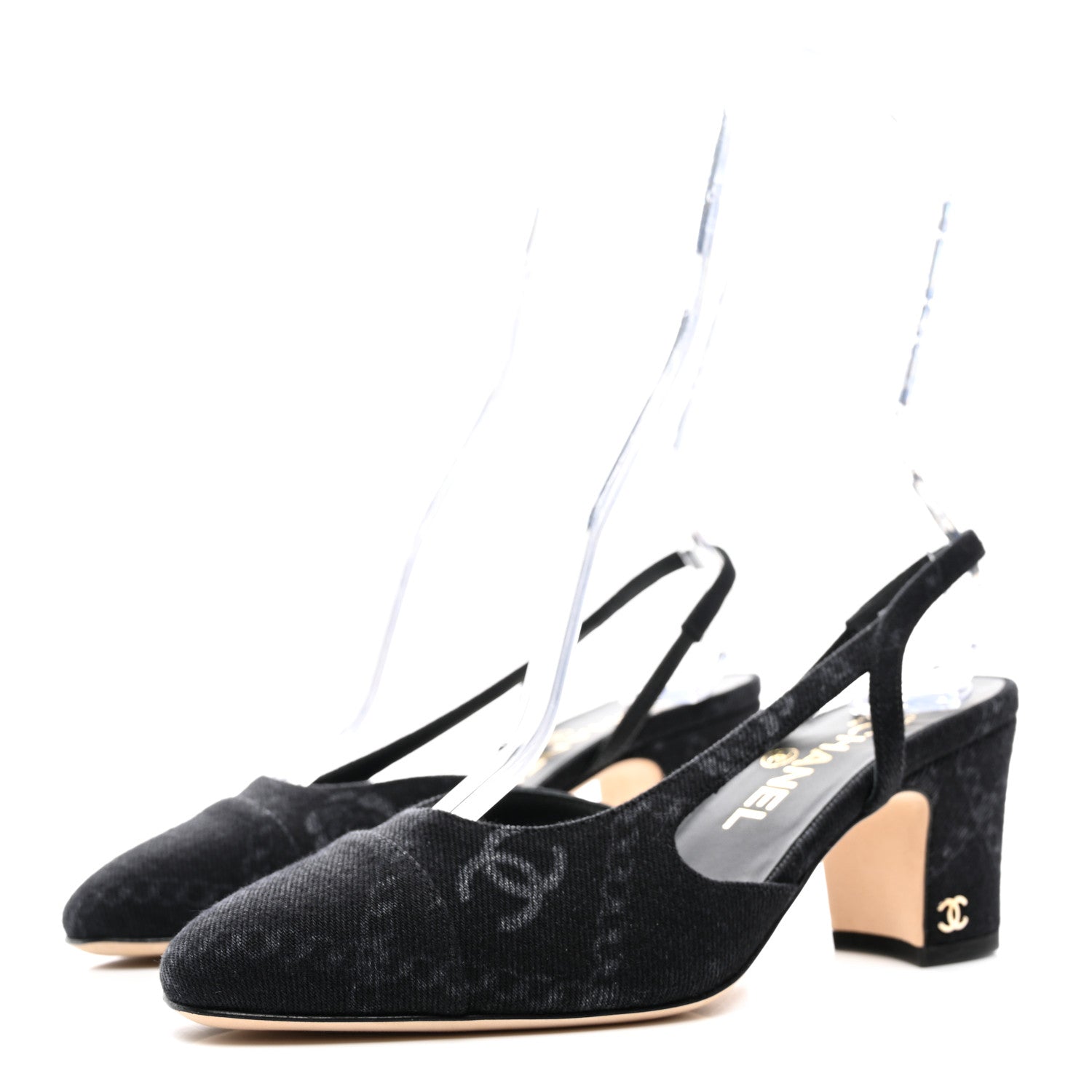 Chanel Denim Cap Toe CC Slingback Pumps 36 Charcoal Black Blue 2 of 9