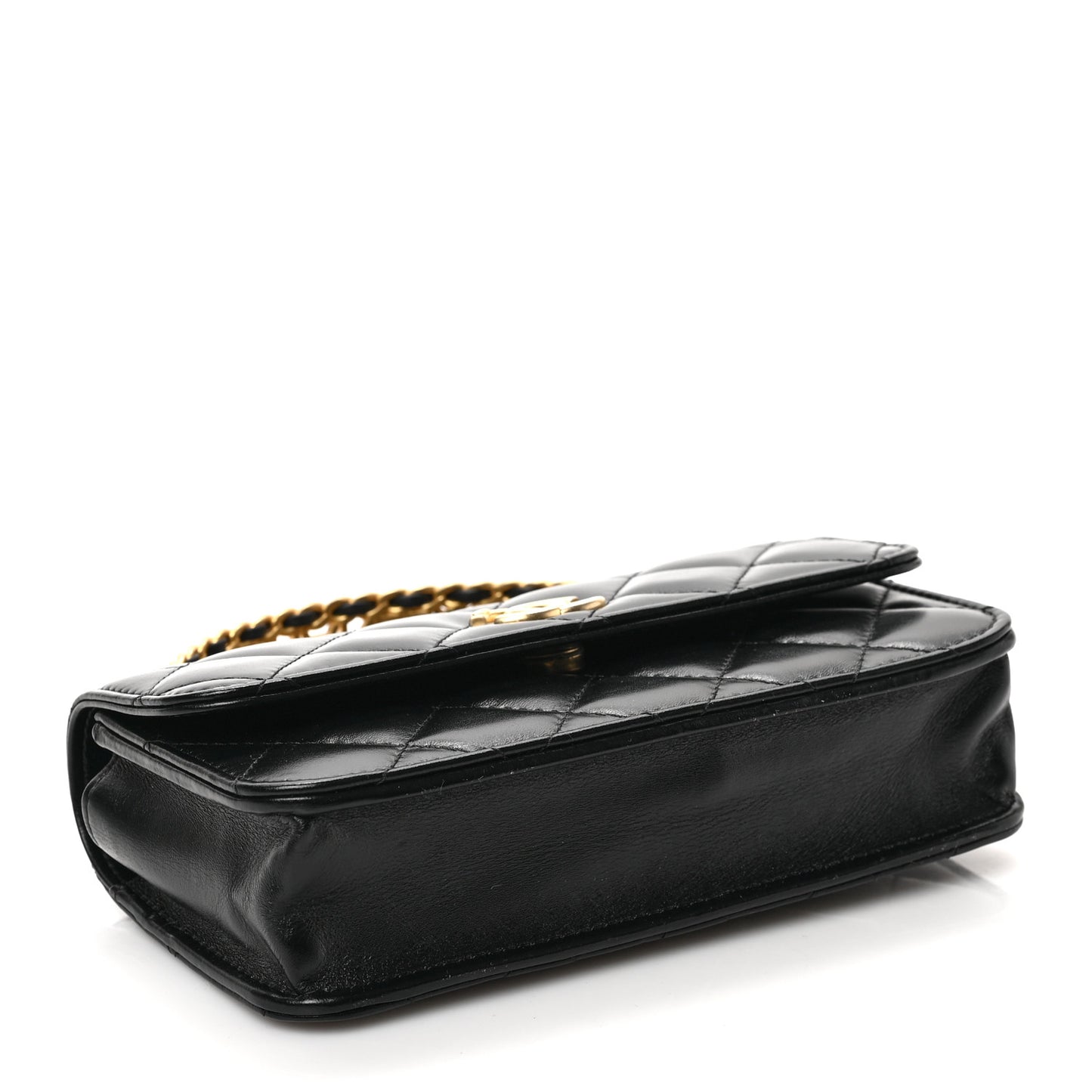 Shiny Calfskin Quilted Top Handle Flap Phone Holder With Chain Black