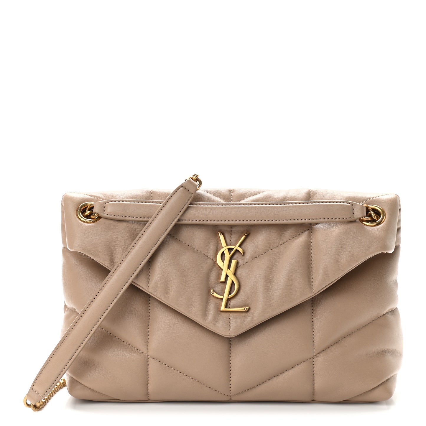 Lambskin Quilted Small Loulou Puffer Monogram Chain Satchel Dark Beige
