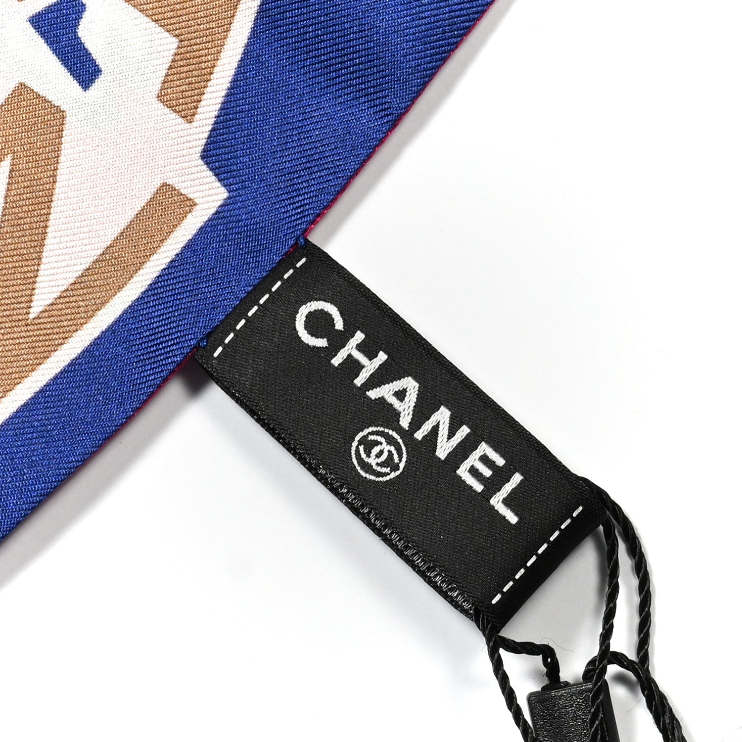 Chanel Silk Twill Slim Bandeau Scarf Blue Ecru Beige 3 of 3