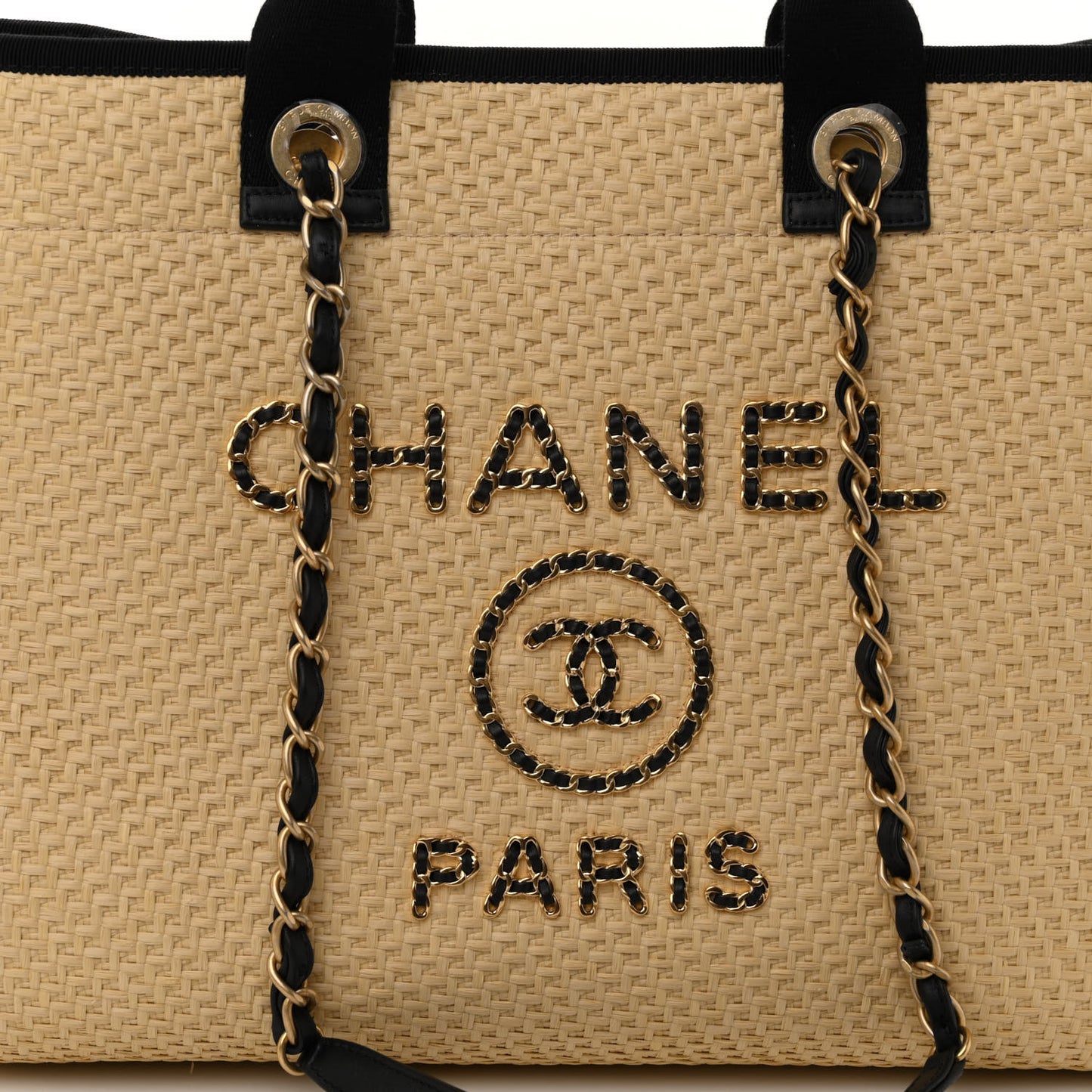 Straw Raffia Calfskin Chain Medium Deauville Tote Beige Black