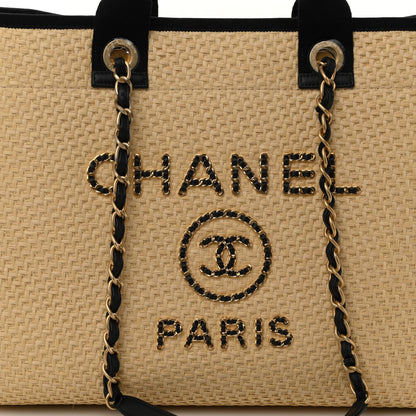 Chanel Straw Raffia Calfskin Chain Medium Deauville Tote Beige Black 8 of 10